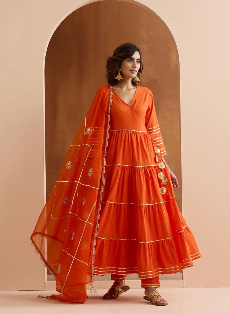 ISHIN  Women's Orange 100% Cotton Embroidered Tunic Full Length Casual Straight Fit Kurta Set for Women | Best Price UAE